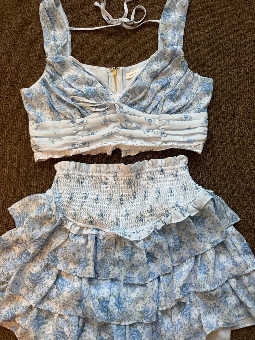 Altar'd State Blue & White Floral Ruffle Crop Top Set